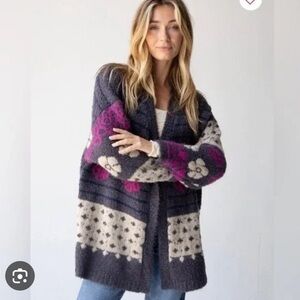 Natural Life Jacquard Calla Sweater S/M Cardigan Chunky Cottage Cozy Boho